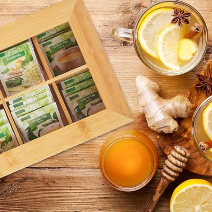 Lonimia Tea Bag Organizer Storage Box 1 Pc Bamboo Tea Storage Chest Case With Drawer And Acrylic Window MultiFunctional Wooden Container For Home Office Restaurant Cabinets Countertop Tea Not Included - Image 5