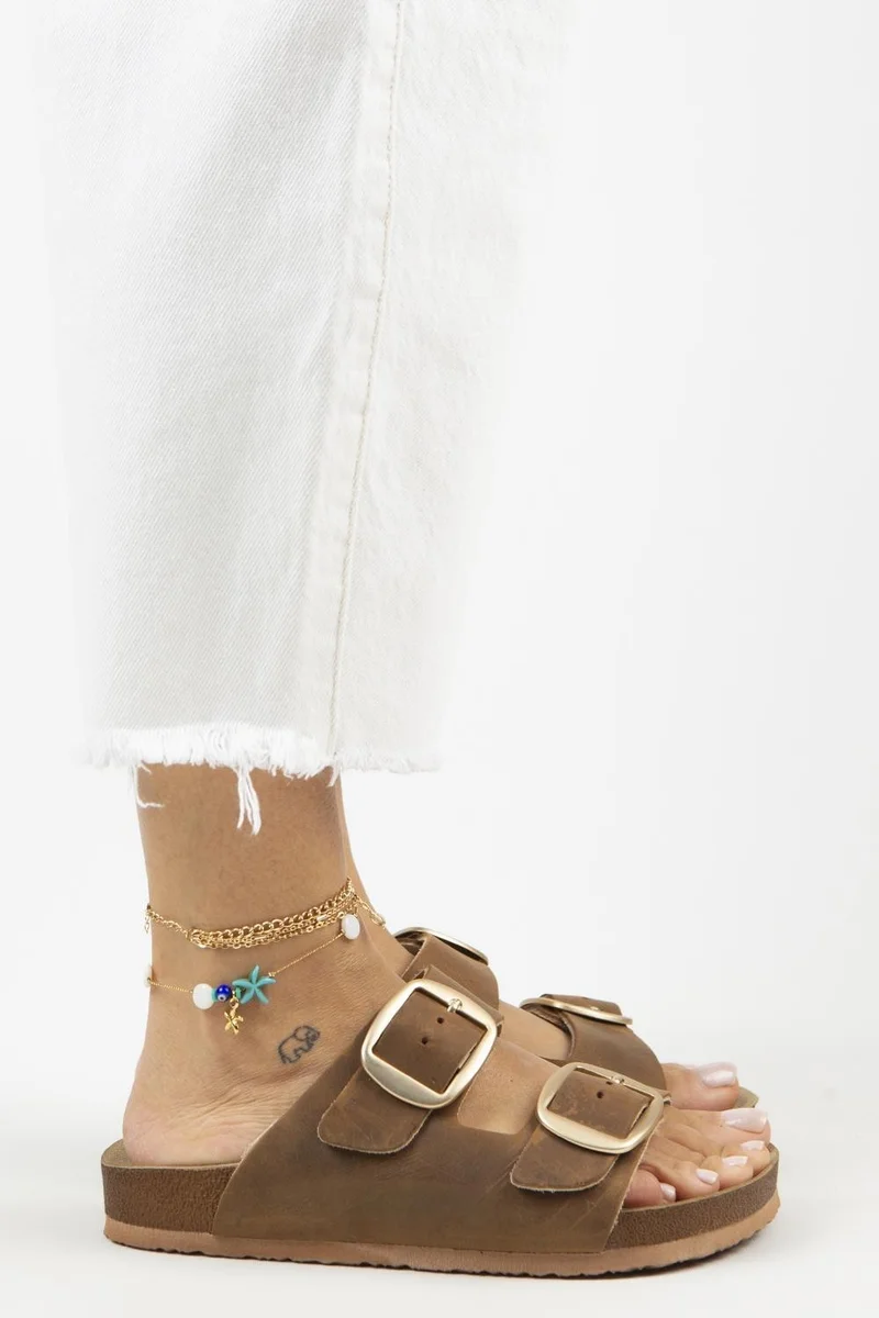 Manijero Manijero Irene Vintage Women's Genuine Leather Double Buckle Coffee Gold Slippers