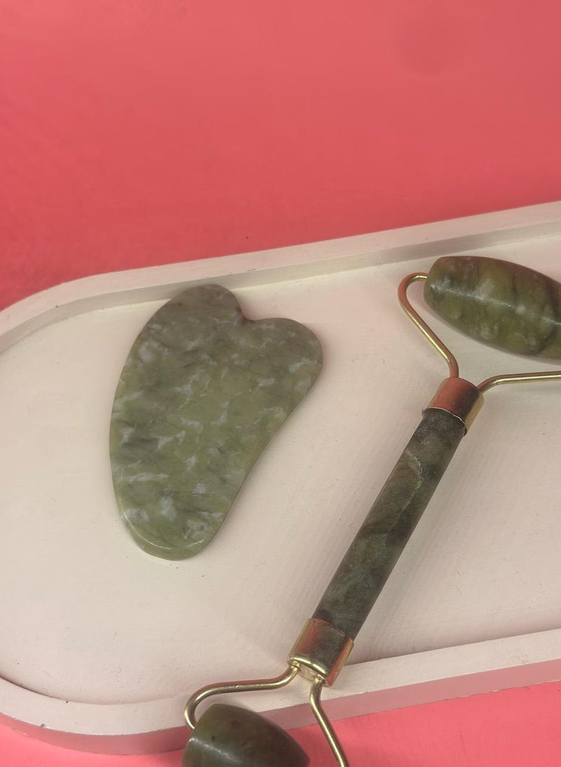 مجموعة أسطوانة رفع الوجه الطبيعية من اليشم وأدوات تدليك غوا شا - Image 3