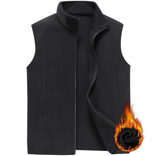 PEGENO Men's Fleece Vest, Full-Zip Lightweight Sleeveless Outdoor Jacket With Zip Pockets,01 Black,Large - Image 3