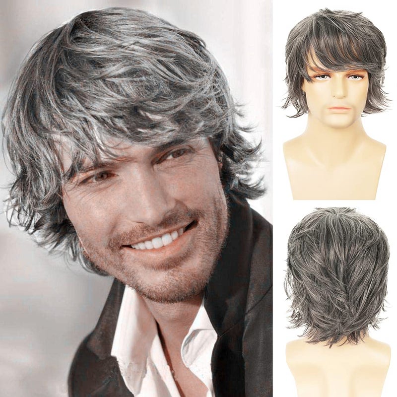Wiwige Mens Grey Wig Short Layered Natural Fluffy Synthetic Heat Resistant Halloween Cosplay Hair