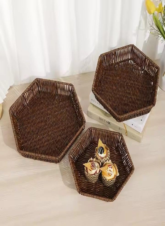 GLITZEN Rattan Woven Basket Fruit Basket, 3 Pcs Poly-Wicker Bread Storage Baskets for Food Fruit Vegetables, Shallow Shop Supermarket Display Serving Restaurant Home Kitchen (SHATKON SHAPE BASKET)