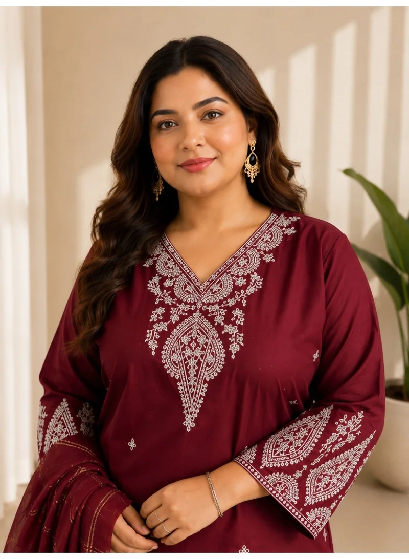 Lehar  Burgandy Muslin Cotton Embroidered Kurta Set with Organza Dupatta for Women | Best Price UAE