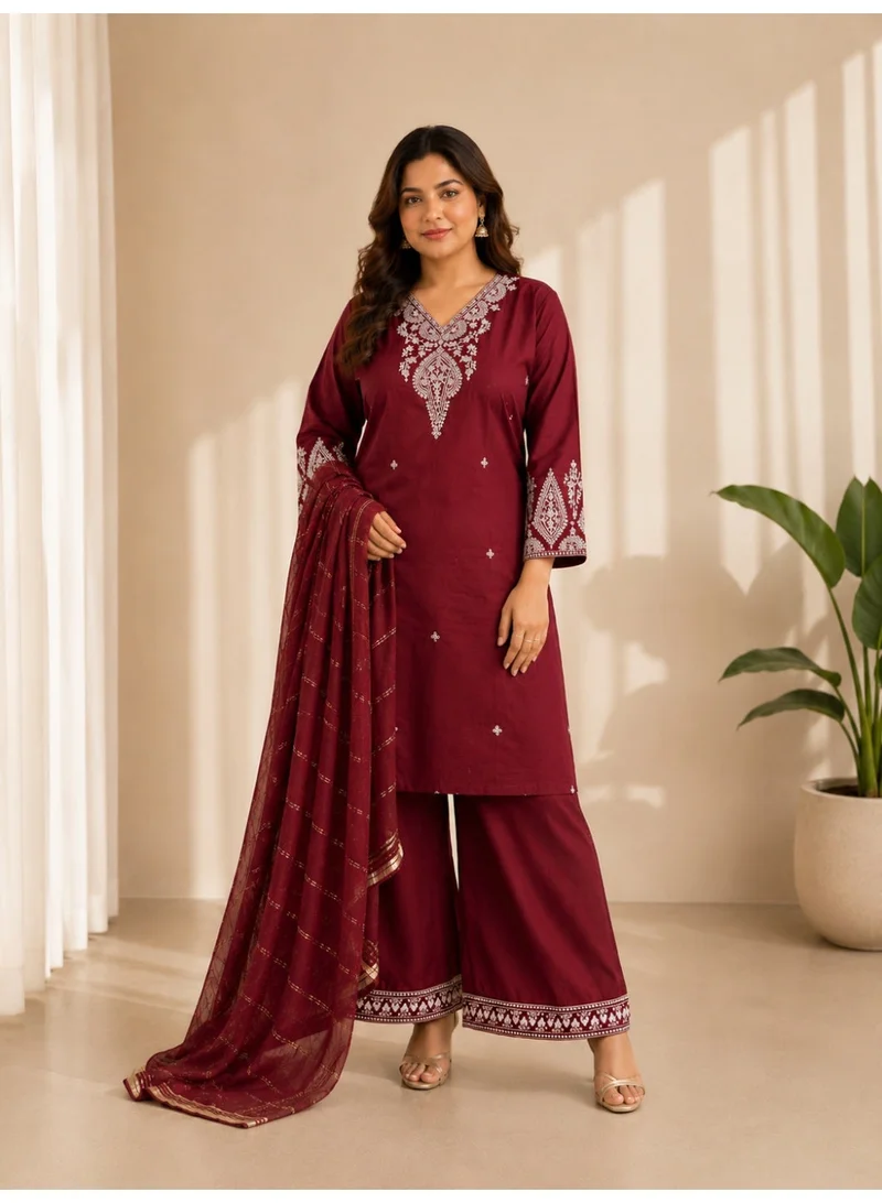 Lehar  Burgandy Muslin Cotton Embroidered Kurta Set with Organza Dupatta for Women | Best Price UAE