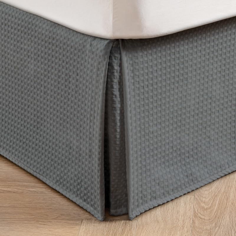 MIYE Pleated Waffle Weave Bed Skirt, Tailored Dust Ruffle 16 Inch Drop Easy Fit, Machine Washable (Dark Grey, Full - 16" Drop) - Image 1