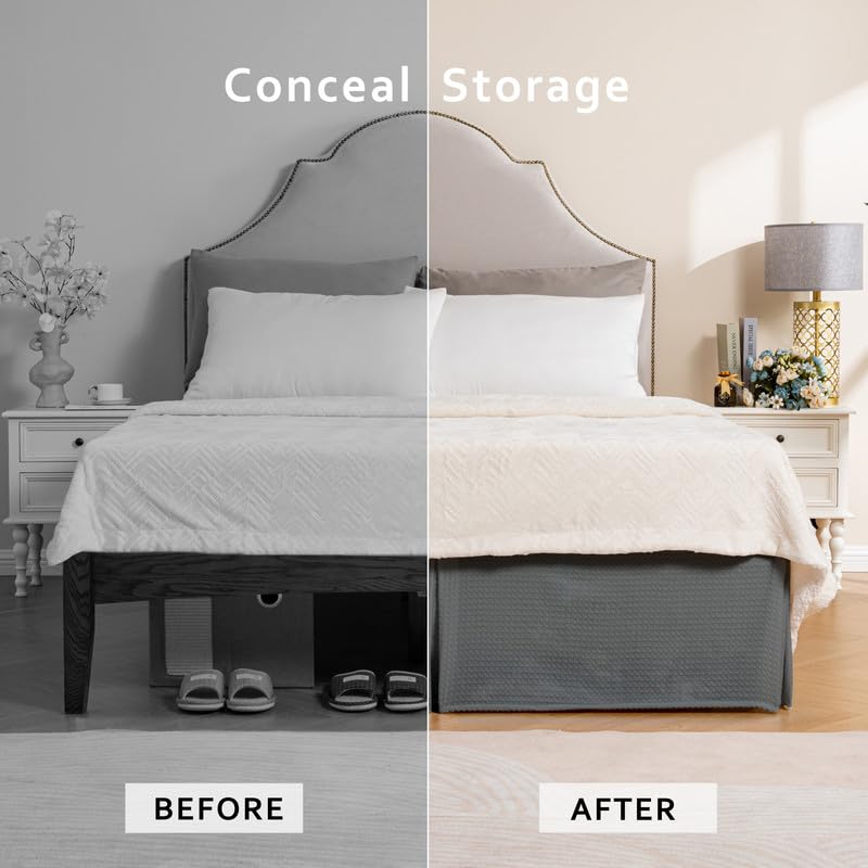 MIYE Pleated Waffle Weave Bed Skirt, Tailored Dust Ruffle 16 Inch Drop Easy Fit, Machine Washable (Dark Grey, Full - 16" Drop) - Image 4