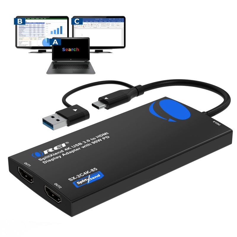 OREI SplitExtend 4K HDMI Splitter Extended Display for Dual Monitor MultiMonitor Display 3 Separate Screens USB A USBC Adapter to HDMI 20 4K60hz 90W PD Charger DisplayLink MacOS Windows - Image 2