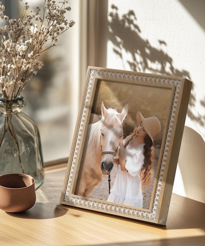 SUMGAR 5x7 Picture Frames 7x5 Photo Frame White Wood Farmhouse Boho Wall Mounted Shabby Chic Display for Desk Birthday Friend Gifts for Mothers Day with Decorative Distressed Pine Beads - Image 3