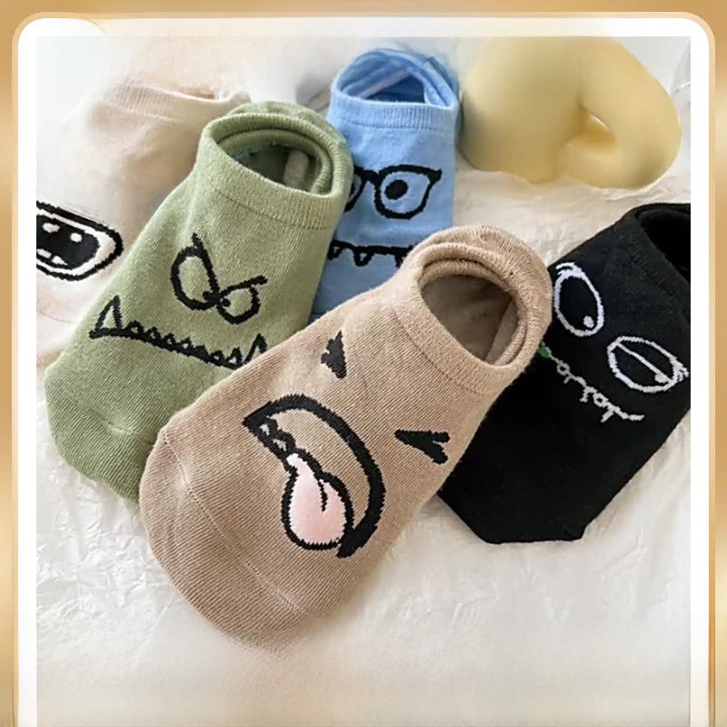 5-عبوة جوارب كرتونية مضحكة كاحل صيفية رقيقة بيضاء الحليب