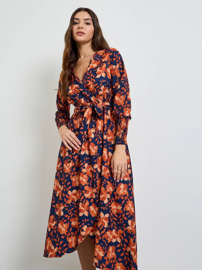 Take Two Styli Multi Floral Wrap Midi Dress with Long Sleeves