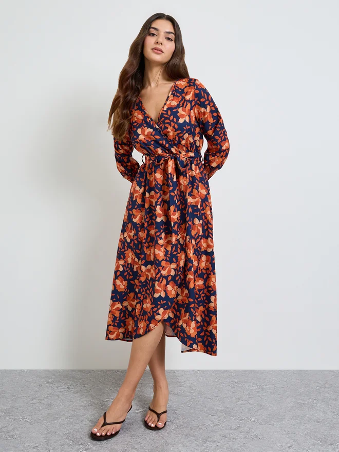 Take Two Styli Multi Floral Wrap Midi Dress with Long Sleeves