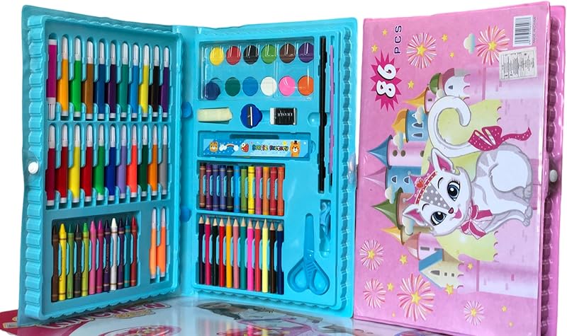 Colors for Kids Bag, Portable Art Coloring Set for Inspiration and Creativity 86 Pieces, Kids Drawing and Coloring Supplies, Oil Pastels, Crayons, Watercolor Pencils, Gift for Girls and Boys