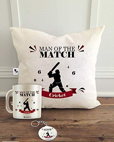 ALDIVO ALDIVO Combo Gift Pack for Cricket 12 x 12inch Printed Satin Cushion Cover with Filler Printed Mug and Printed Key Ring White - Image 1