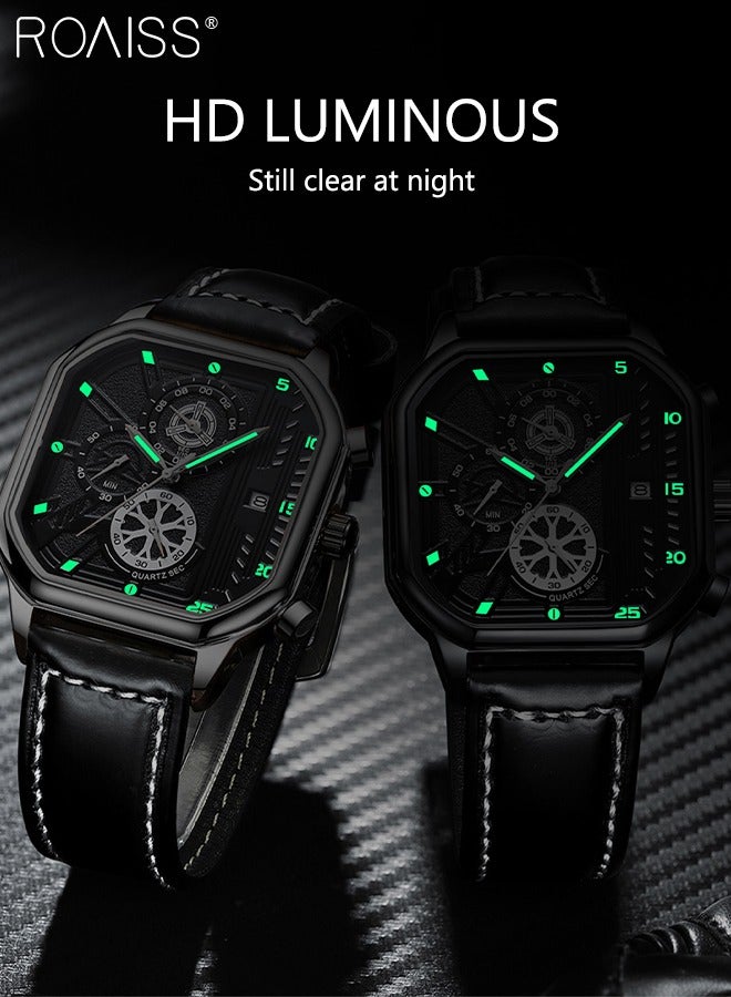 roaiss Men's Leather Strap Quartz Watch Square Dial Chronograph Waterproof Luminous Wristwatch as Gift for Men - Image 5