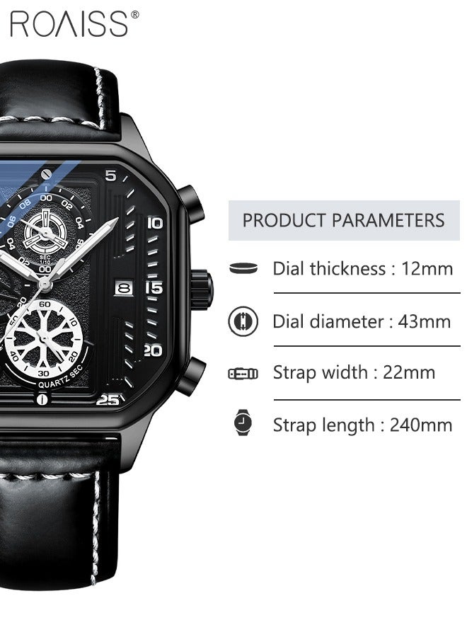 roaiss Men's Leather Strap Quartz Watch Square Dial Chronograph Waterproof Luminous Wristwatch as Gift for Men - Image 3