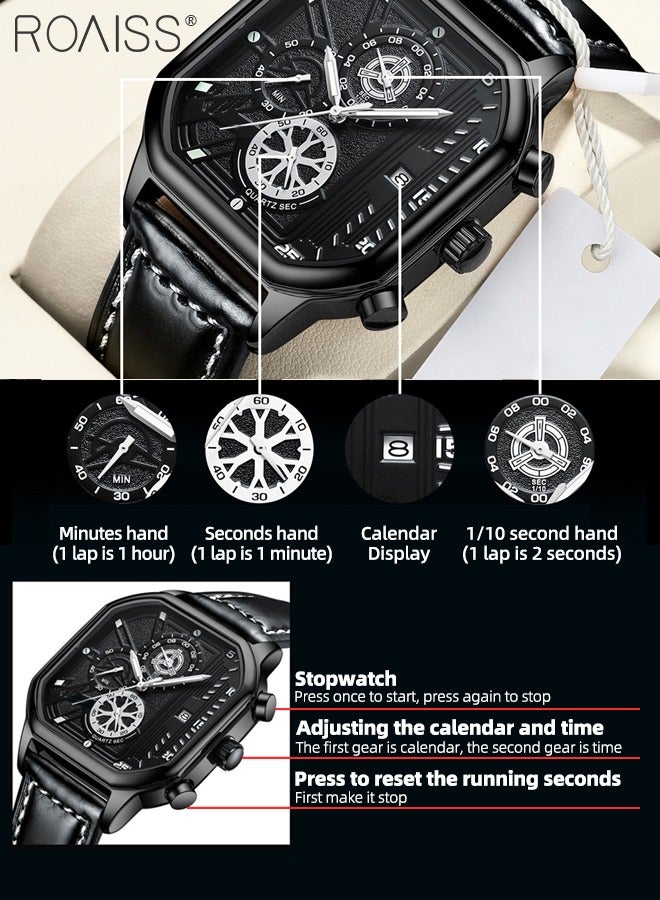 roaiss Men's Leather Strap Quartz Watch Square Dial Chronograph Waterproof Luminous Wristwatch as Gift for Men - Image 4