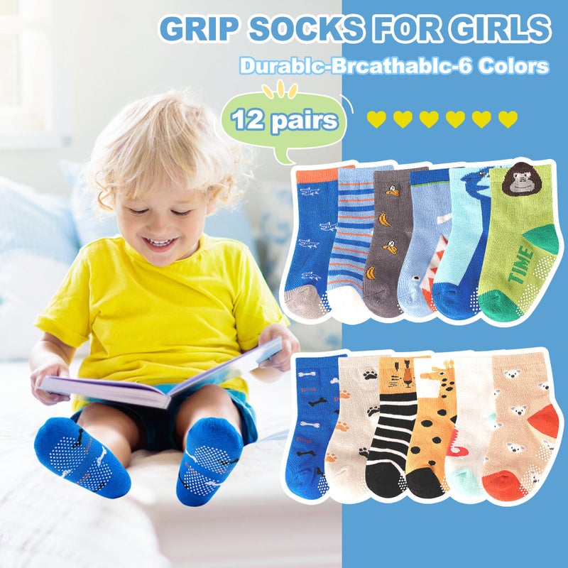 Tphon Toddler Baby Non Slip Socks Infant Anti Skid Socks with Grips 12 Pairs Crew Sock for 3-5 Years Kids Boys Girls - Image 5