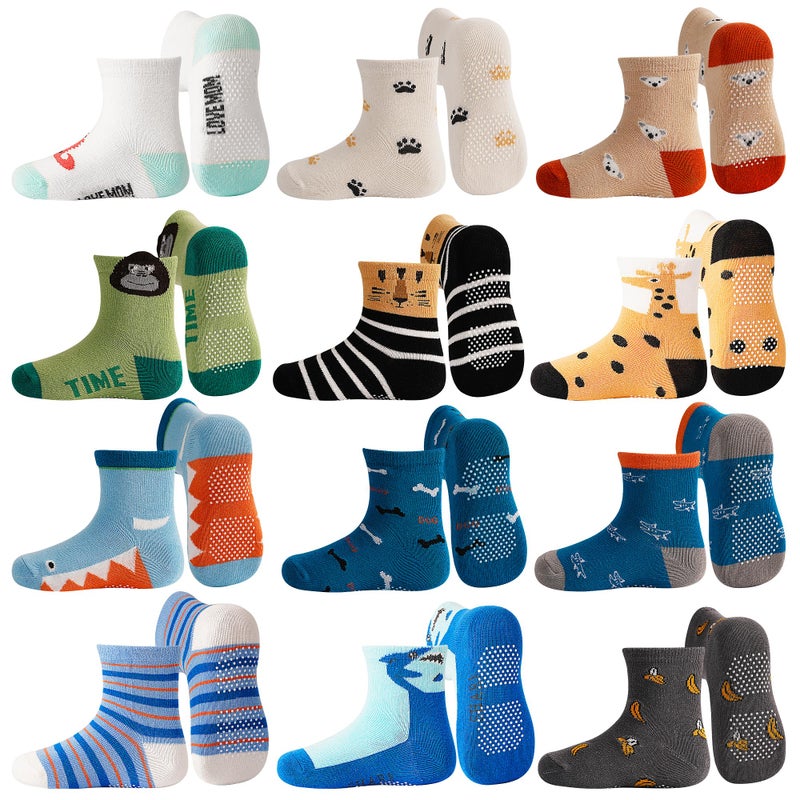 Tphon Toddler Baby Non Slip Socks Infant Anti Skid Socks with Grips 12 Pairs Crew Sock for 3-5 Years Kids Boys Girls - Image 1