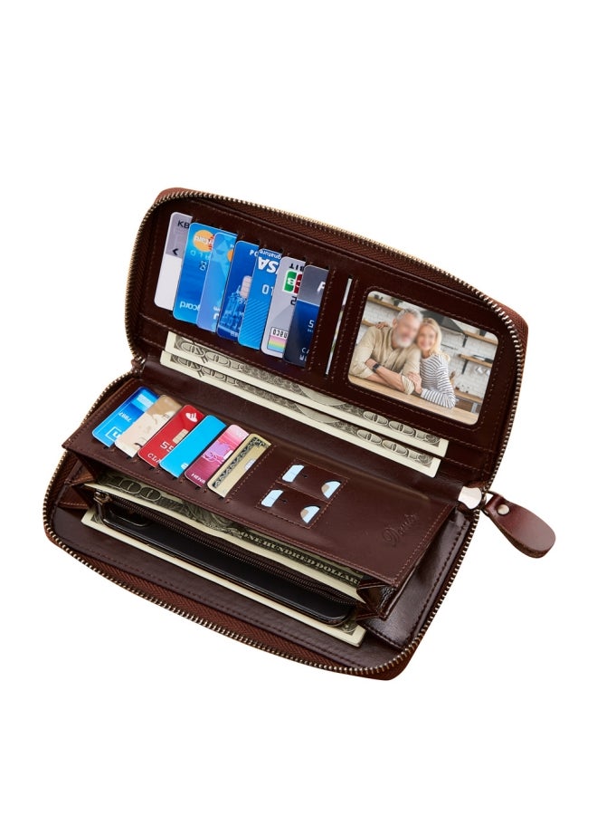 دانتي محفظة رجالية من الجلد الطبيعي حقيبة يد RFID فرشاة مضادة للسرقة طبقة أولى كلاسيكية من جلد البقر محفظة طويلة شمع زيتي بني (فرشاة بطاقة مضادة للسرقة) - Image 3