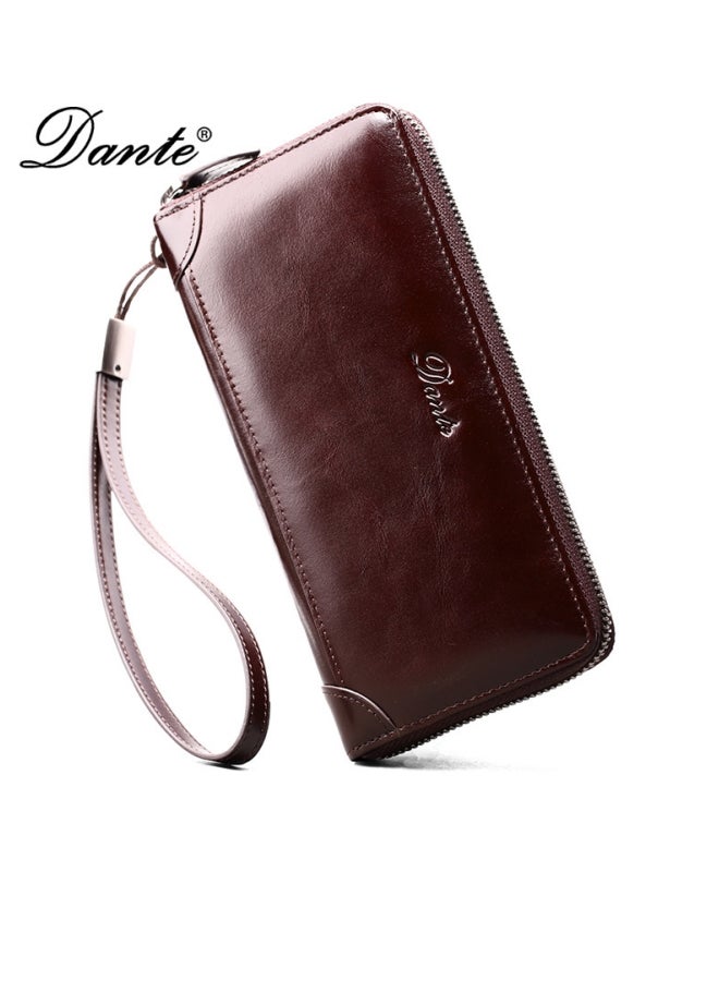 دانتي محفظة رجالية من الجلد الطبيعي حقيبة يد RFID فرشاة مضادة للسرقة طبقة أولى كلاسيكية من جلد البقر محفظة طويلة شمع زيتي بني (فرشاة بطاقة مضادة للسرقة) - Image 1