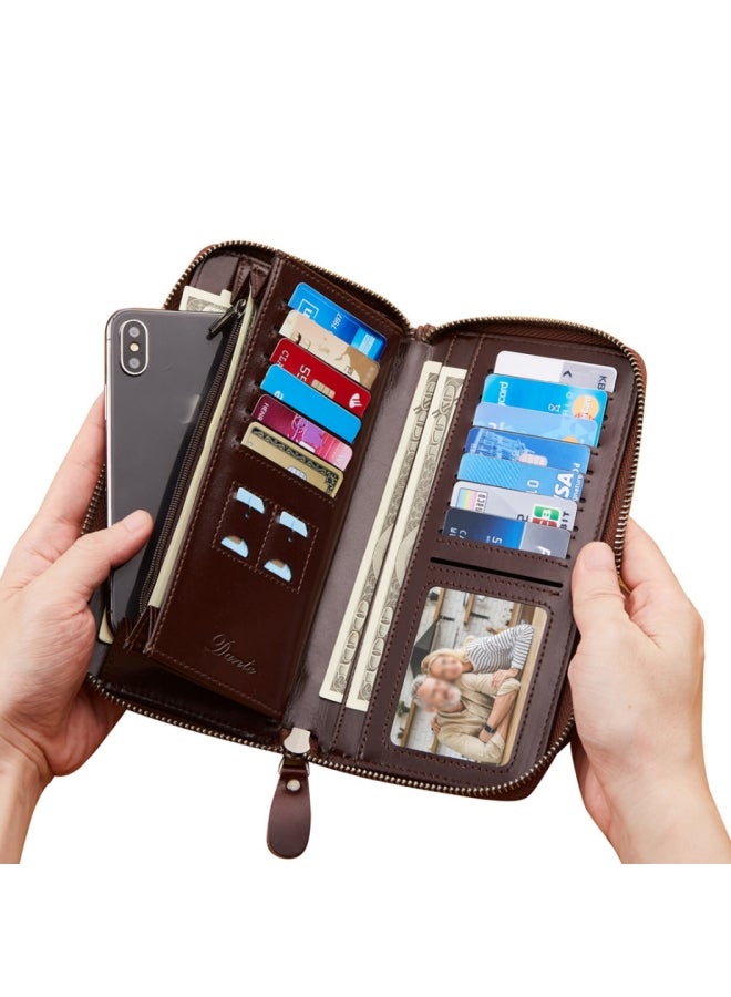 دانتي محفظة رجالية من الجلد الطبيعي حقيبة يد RFID فرشاة مضادة للسرقة طبقة أولى كلاسيكية من جلد البقر محفظة طويلة شمع زيتي بني (فرشاة بطاقة مضادة للسرقة) - Image 2