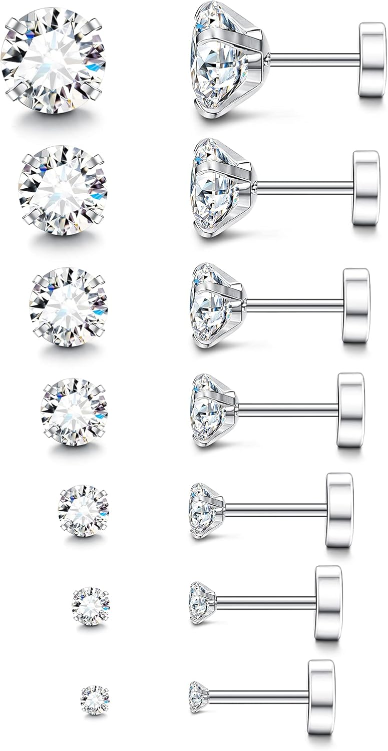 Fansilver 20G Hypoallergenic Flat Back Earrings for Women Men Silver 14K Gold Stainless Steel Stud Earrings Brithstone Cubic Zirconia Studs Surgical Steel Cartilage Earrings for Sensitive Ears - Image 1