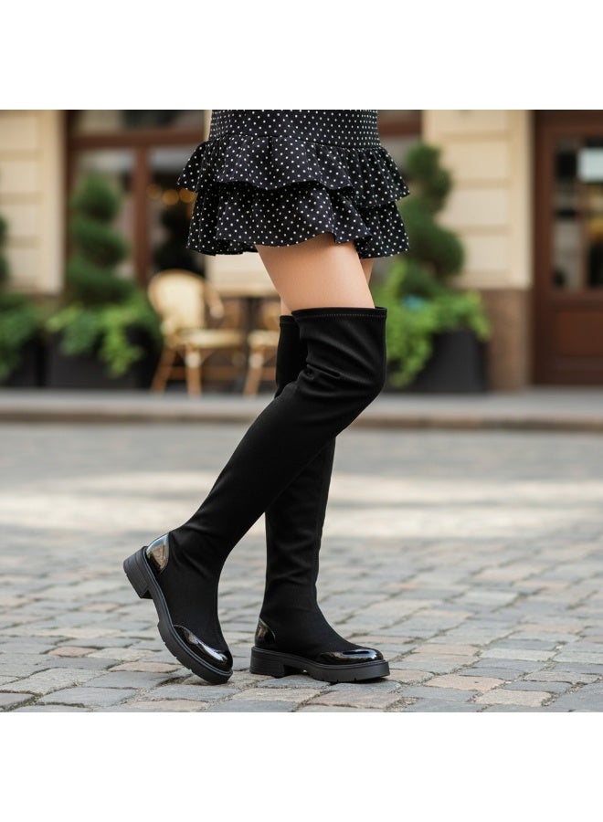 لايف ستيلاش  حذاء طويل من الجلد السويدي مع الجلد اللامع LB-37 - أسود - Image 1