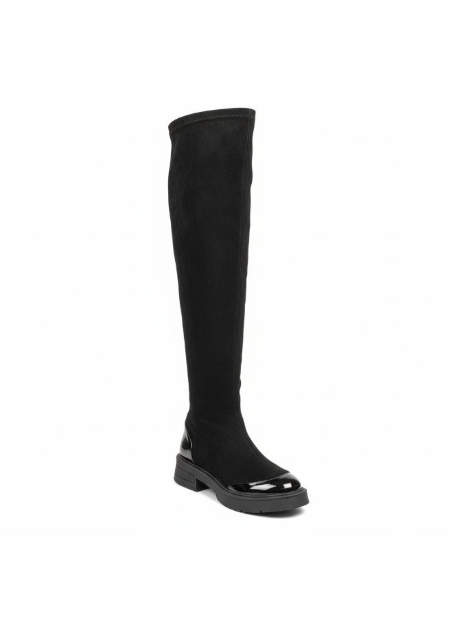 لايف ستيلاش  حذاء طويل من الجلد السويدي مع الجلد اللامع LB-37 - أسود - Image 2