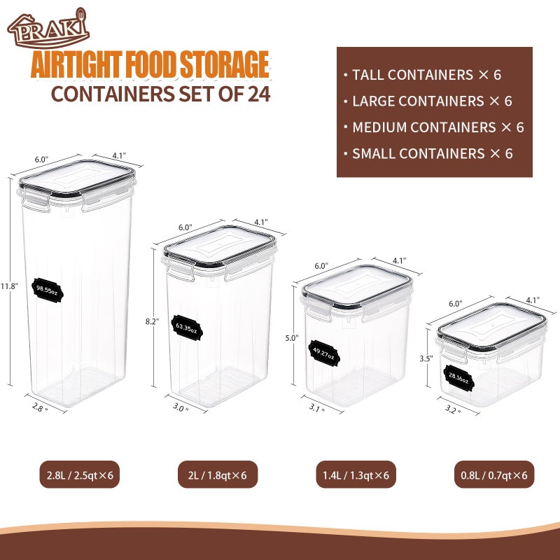 PRAKI Airtight Food Storage Containers Set with Lids - 24 PCS, BPA Free Kitchen and Pantry Organization, Plastic Leak-proof Canisters for Cereal Flour & Sugar - Labels & Marker - Image 2