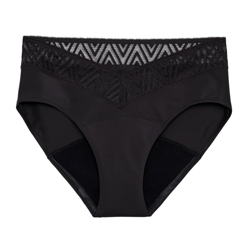 THINX Period Underwear, Comfort-Stretch Hip Huggers, Holds Up to Regular 12 Tampons*, Period Panties, Menstrual Underwear for Women, Leakproof & Reusable, Black with Lace, L - Image 1