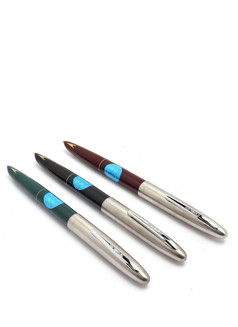 Success Stationery Hero Pen Original Fountain Ink Pen Smooth Iridium Tip Nib Refillable Gold Arrow Pattern Model 329 Silver Trim Cap Black Green Maroon - Pack Of 3  - Image 1