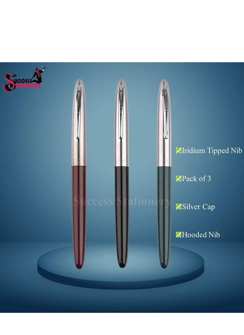 Success Stationery Hero Pen Original Fountain Ink Pen Smooth Iridium Tip Nib Refillable Gold Arrow Pattern Model 329 Silver Trim Cap Black Green Maroon - Pack Of 3  - Image 2