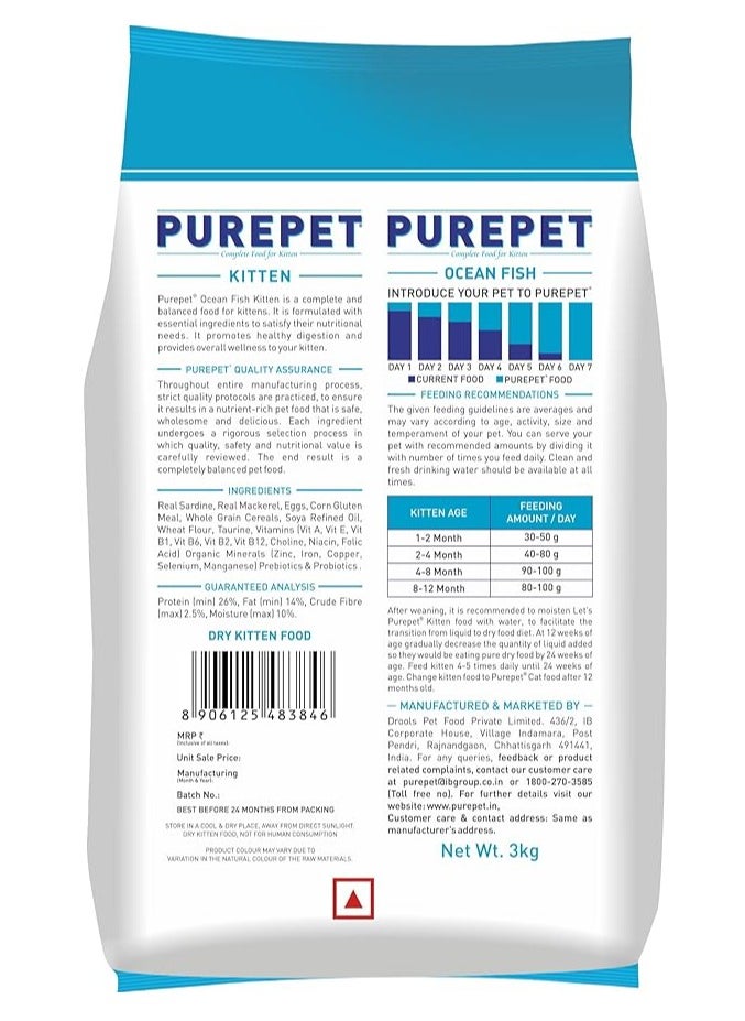 PUREPET Purepet Kitten Dry Cat Food, Ocean Fish, 3 Kg | DHA For Brain Development, pH Balance For Urinary Care, Omega 3 & 6 For Healthy Skin & Coat| For Weaning Kitten & Mothe  - Image 2