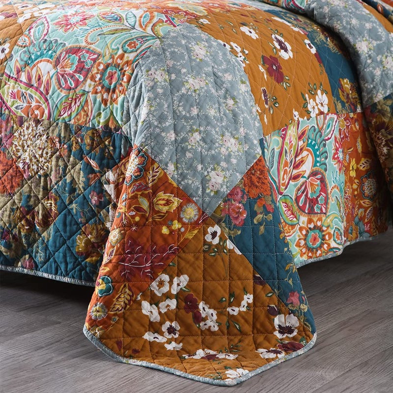 camandy Cotton Bedspread Quilt Bedding Sets 3 Pieces Reversible Coverlet Sets Comforters Luxury Paisley Floral Patchwork Brown Bedspread, Queen Size - Image 4