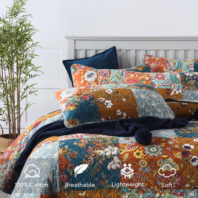 camandy Cotton Bedspread Quilt Bedding Sets 3 Pieces Reversible Coverlet Sets Comforters Luxury Paisley Floral Patchwork Brown Bedspread, Queen Size - Image 3