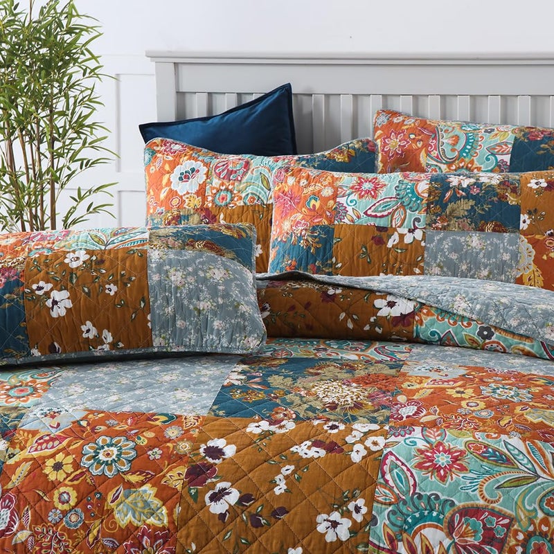 camandy Cotton Bedspread Quilt Bedding Sets 3 Pieces Reversible Coverlet Sets Comforters Luxury Paisley Floral Patchwork Brown Bedspread, Queen Size - Image 2