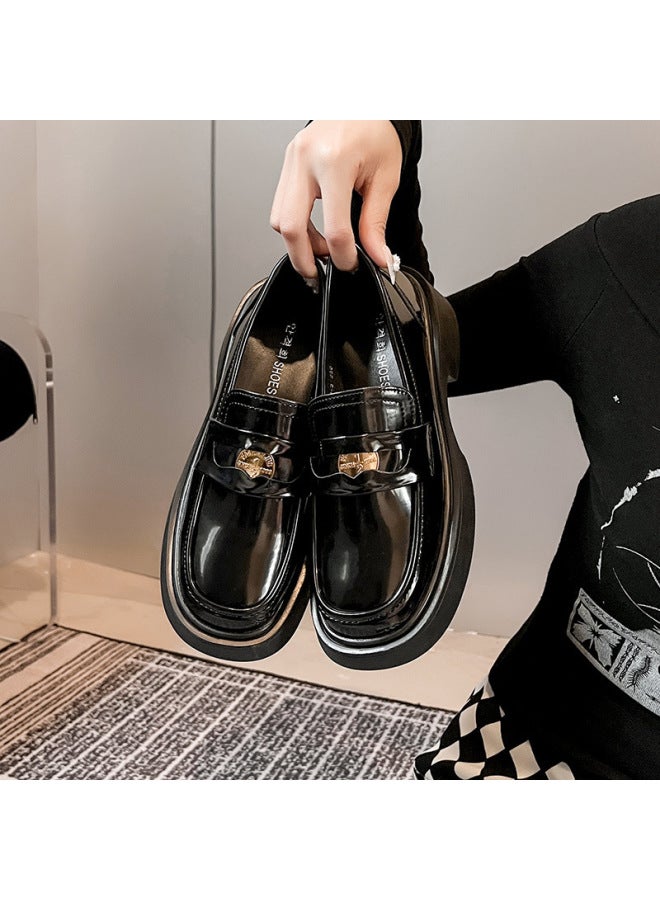 Autumn New High Heel Thick-soled Loafers Leather Soft Leather Gold Coin Buckle High-rise British Style Single-layer Shoes Small Leather Shoes