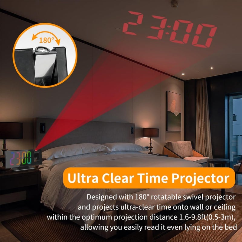 Petilleur Projection Alarm Clock for Bedroom, Digital Smart Clock with 180° Rotatable Projector, 3 Level Brightness Dimmer, Clear LED Color Display, Digital Alarm Clock for Bedroom - Image 2