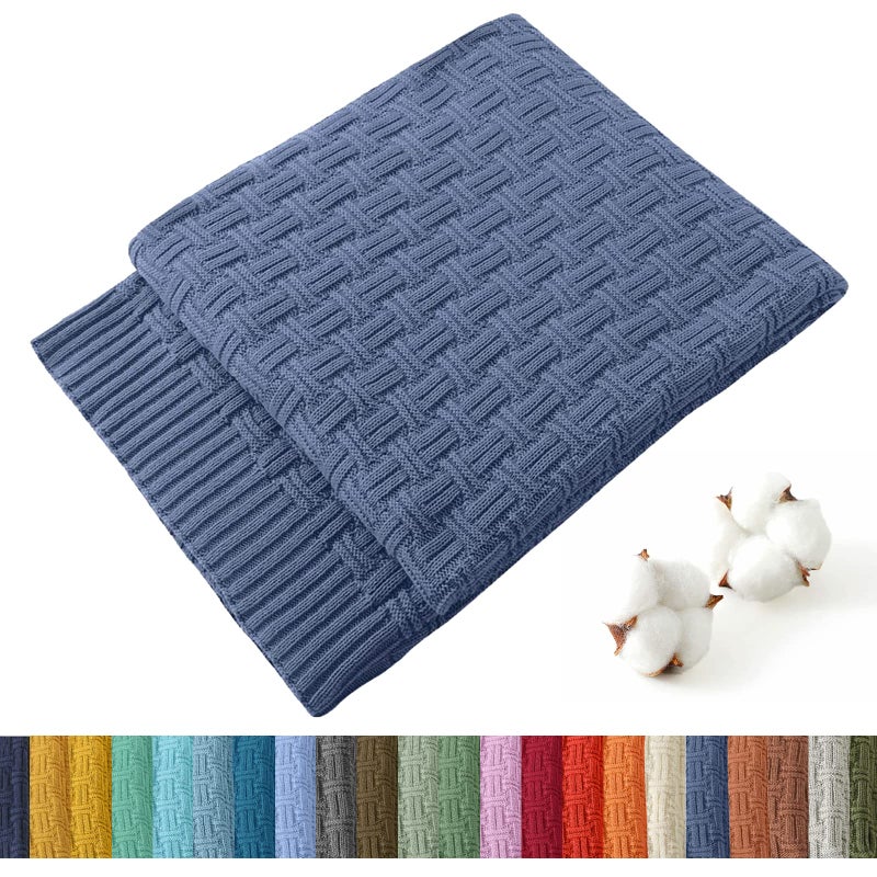 TREELY 100 Cotton Knitted Throw Blanket Couch Cover Blanket50 x 60 Inches Dusty Blue
