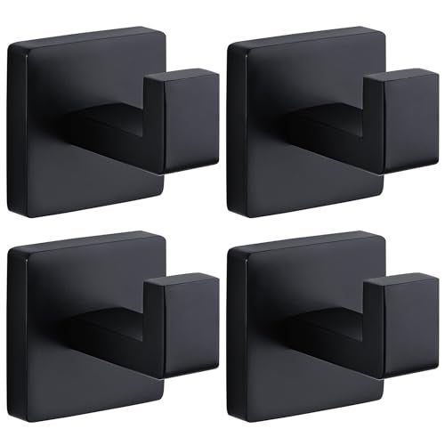 Fenas Towel Hooks for Bathrooms Robe Hook Coat Hook 4 Pack Matte Black Stainless Steel Heavy Duty Wall Mounted Square Hooks for Bathroom Kitchen Bedroom - Image 1