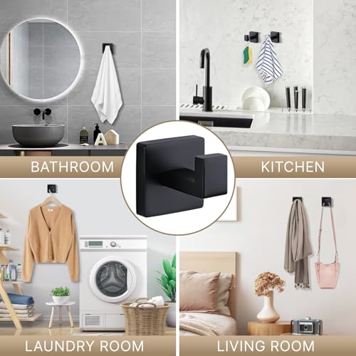 Fenas Towel Hooks for Bathrooms Robe Hook Coat Hook 4 Pack Matte Black Stainless Steel Heavy Duty Wall Mounted Square Hooks for Bathroom Kitchen Bedroom - Image 4