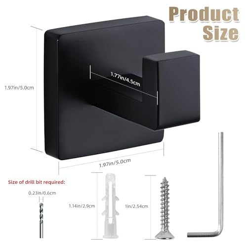 Fenas Towel Hooks for Bathrooms Robe Hook Coat Hook 4 Pack Matte Black Stainless Steel Heavy Duty Wall Mounted Square Hooks for Bathroom Kitchen Bedroom - Image 5