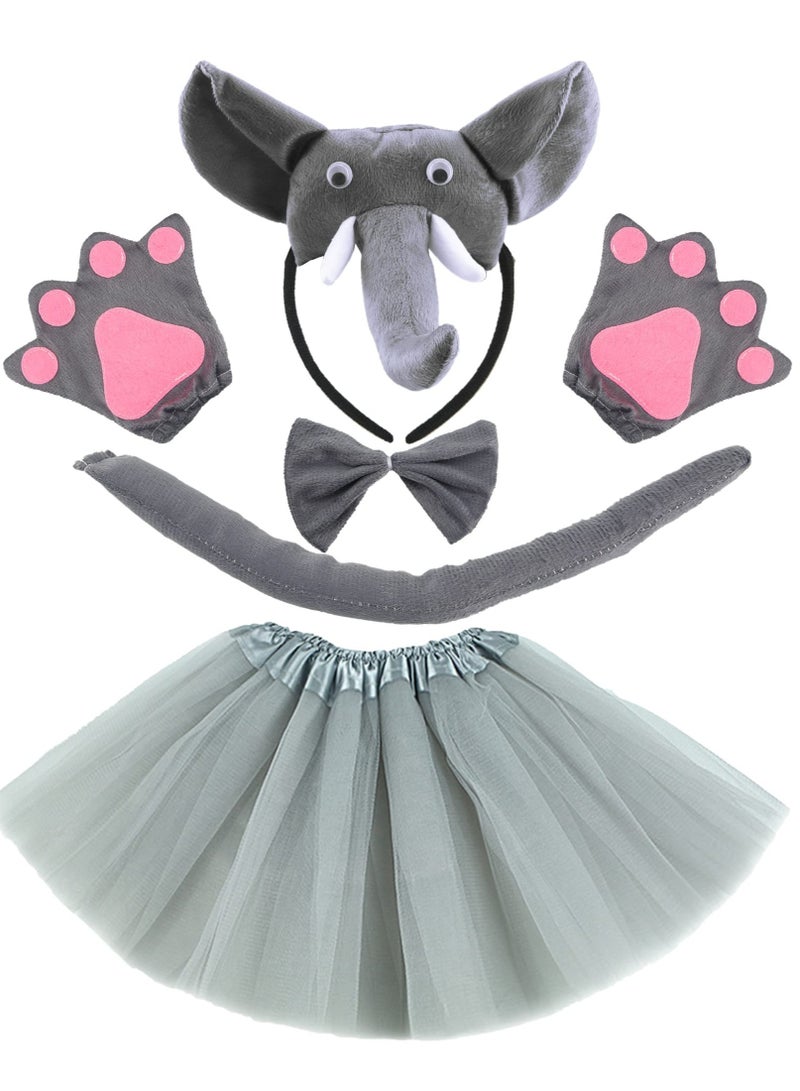 KASTWAVE 5 Pieces Elephant Costume Set, Elephant Ears, Headband, Nose, Tail , Bow Tie, Tutu Skirt, Animal Fancy Dress Costume Kit, Suitable for Party Cosplay Costume - Image 1