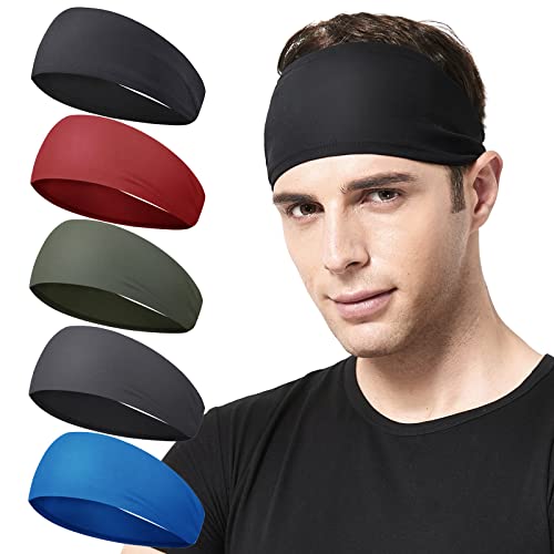 Acozycoo Mens Running Headband,5Pack,Mens Sweatband Sports Headband for Running,Cycling,Basketball,Yoga,Fitness Workout Stretchy Unisex Hairband (Black, red, Green, Dark Gray, Ocean Blue) - Image 1