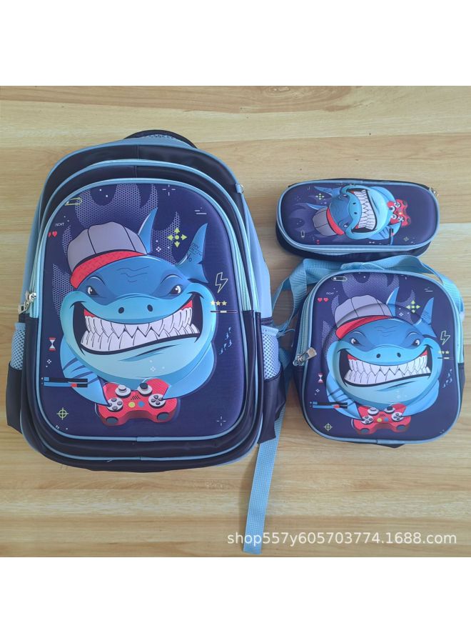 3D Schoolbag 3-piece Set 1-6 Grade Primary School Children's Backpack Cartoon Pen Bag Lunch Bag Can Be Set With Pull Rod-Color:Shark (normal Back) - Image 1