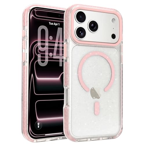 LLZ.COQUE Magnetic for iPhone 17 Pro Max Case, Compatible with Magsafe Transparent Glitter Sparkle Hard Back Cover for Wowen Girls Silicone Bumper Shockproof Phone Case for iPhone 17 Pro Max, Pink - Image 1