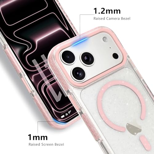 LLZ.COQUE Magnetic for iPhone 17 Pro Max Case, Compatible with Magsafe Transparent Glitter Sparkle Hard Back Cover for Wowen Girls Silicone Bumper Shockproof Phone Case for iPhone 17 Pro Max, Pink - Image 5