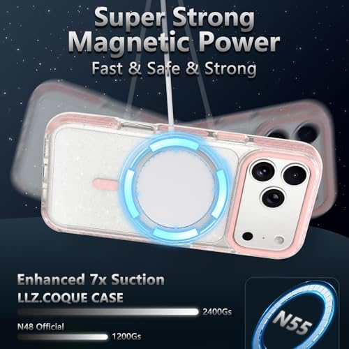 LLZ.COQUE Magnetic for iPhone 17 Pro Max Case, Compatible with Magsafe Transparent Glitter Sparkle Hard Back Cover for Wowen Girls Silicone Bumper Shockproof Phone Case for iPhone 17 Pro Max, Pink - Image 3