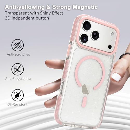 LLZ.COQUE Magnetic for iPhone 17 Pro Max Case, Compatible with Magsafe Transparent Glitter Sparkle Hard Back Cover for Wowen Girls Silicone Bumper Shockproof Phone Case for iPhone 17 Pro Max, Pink - Image 4