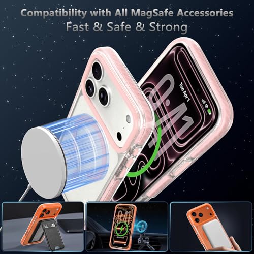 LLZ.COQUE Magnetic for iPhone 17 Pro Max Case, Compatible with Magsafe Transparent Glitter Sparkle Hard Back Cover for Wowen Girls Silicone Bumper Shockproof Phone Case for iPhone 17 Pro Max, Pink - Image 2